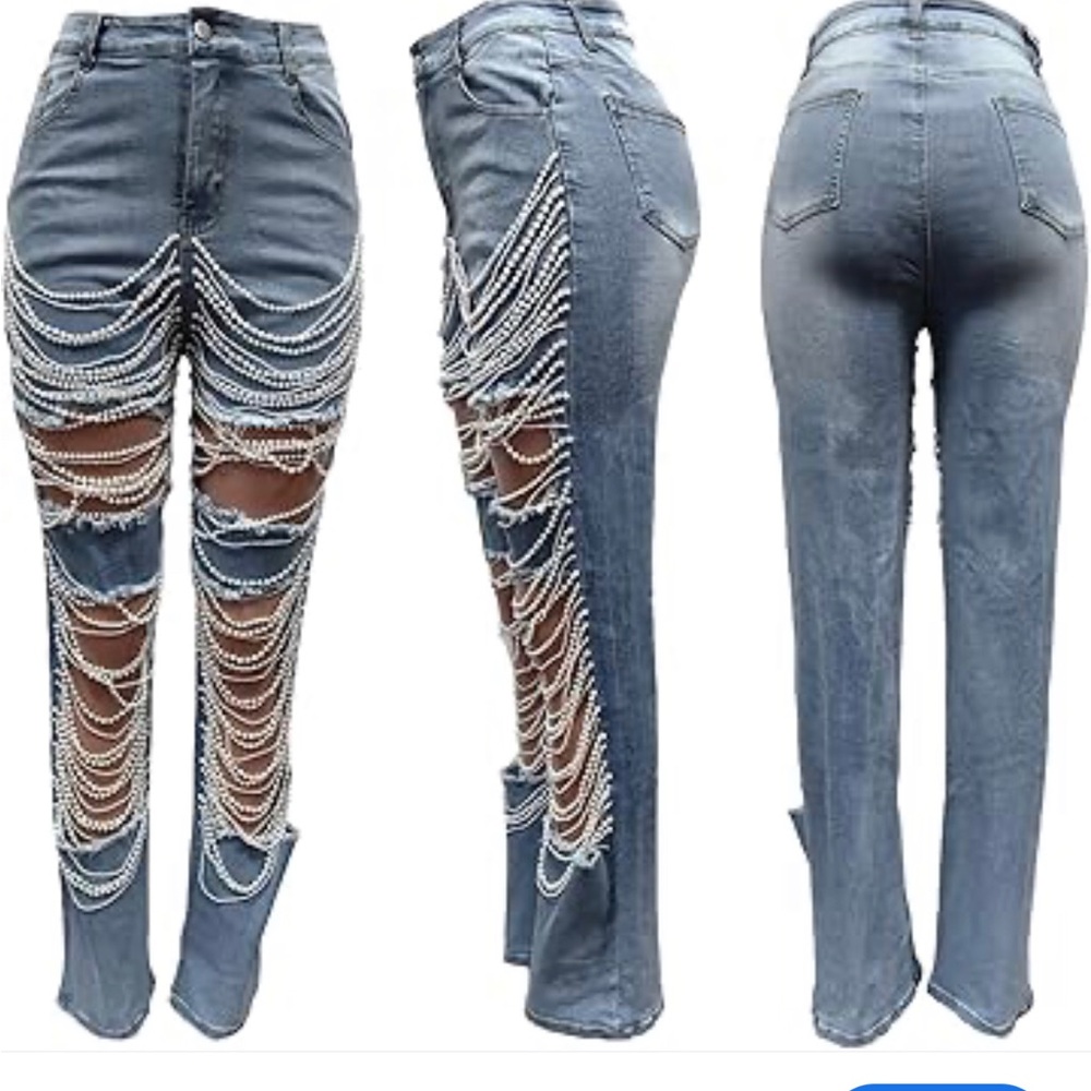 Sexy ripped distressed blue denim Jeans with Pearl Chain Detail Small/Med 28x30